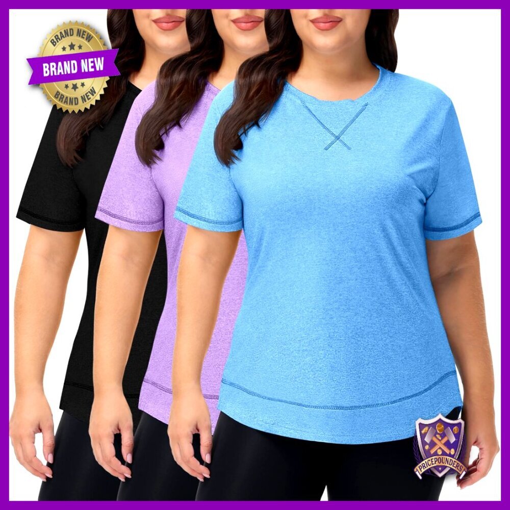 Plus Size Workout Tops 3 Pack Quick Dry Loose Fit Short Sleeve Shirts